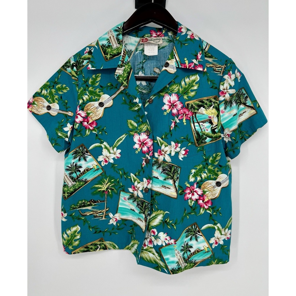 Vintage Hilo Hattie Shirt Womens M Teal Ukulele Post Card Hawaiian Button Up